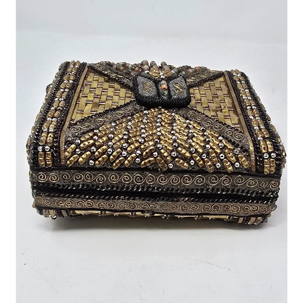 Vintage Mary Frances hard case handbag clutch metallic beaded accents